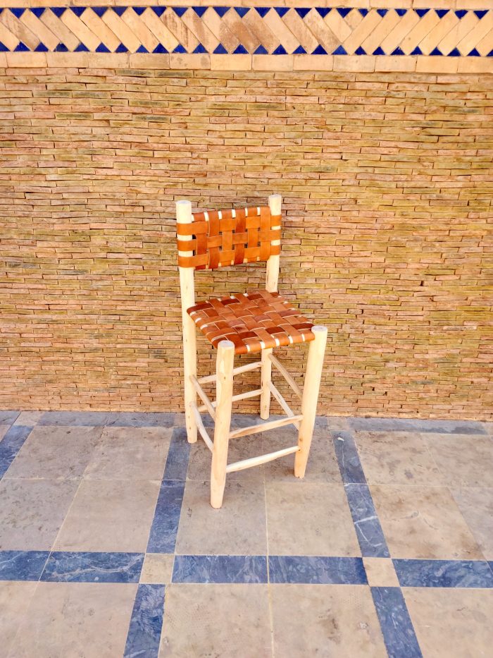 Moroccan Leather Bar Stool handcrafted from solid wood with a genuine leather seat