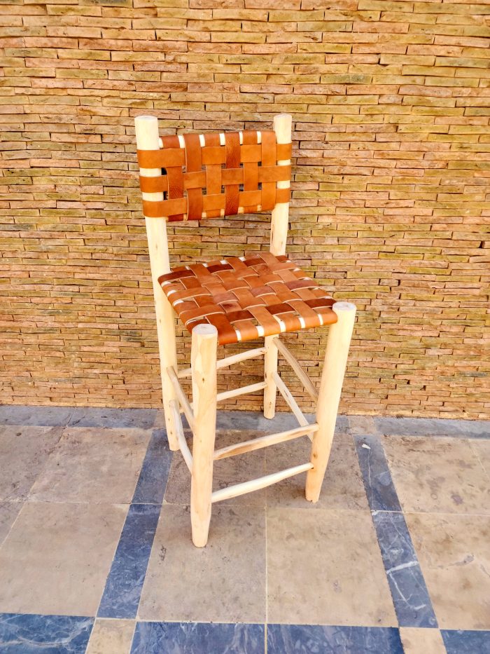 Moroccan Leather Bar Stool handcrafted from solid wood with a genuine leather seat