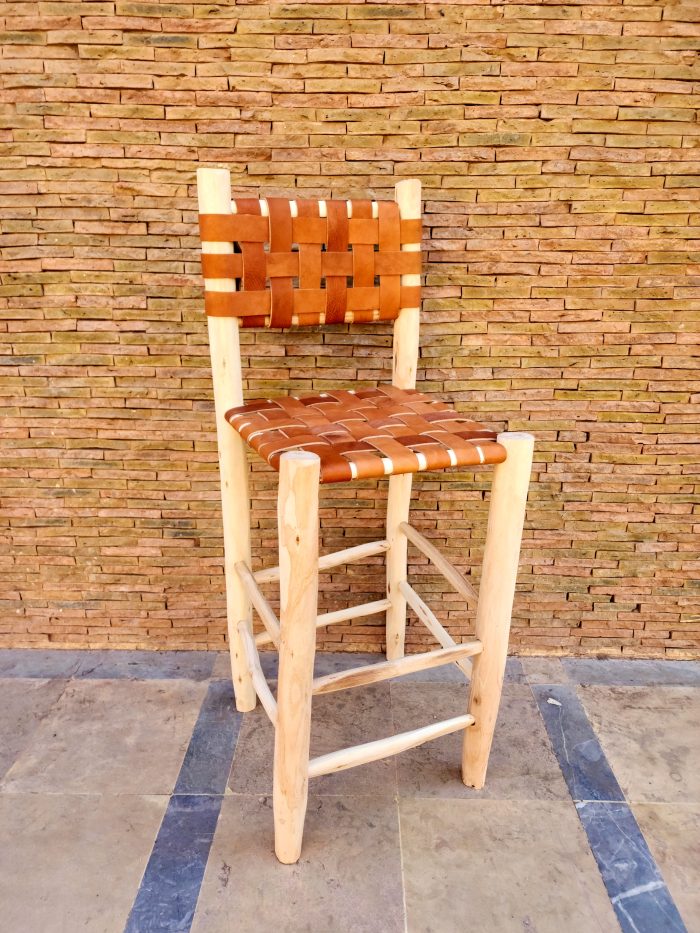 Moroccan Leather Bar Stool handcrafted from solid wood with a genuine leather seat