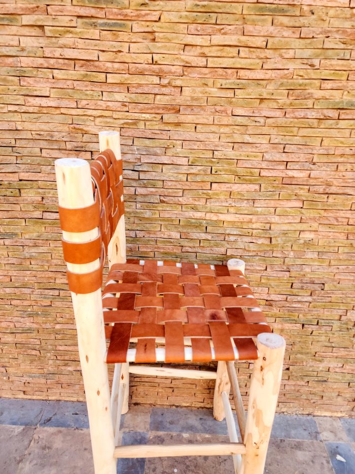 Moroccan Leather Bar Stool handcrafted from solid wood with a genuine leather seat