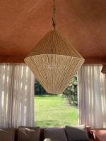 Handmade diamond raffia pendant light with geometric double cone shape