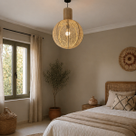 Round raffia pendant light handmade in Morocco with woven globe shape