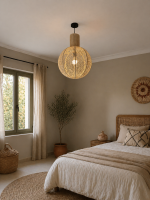 Round raffia pendant light handmade in Morocco with woven globe shape