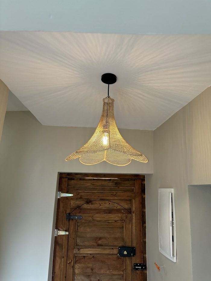 Handmade Moroccan raffia flower pendant light with six petal shape