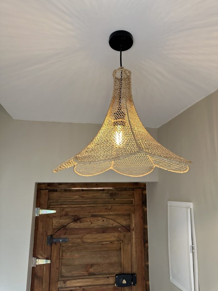 Handmade Moroccan raffia flower pendant light with six petal shape