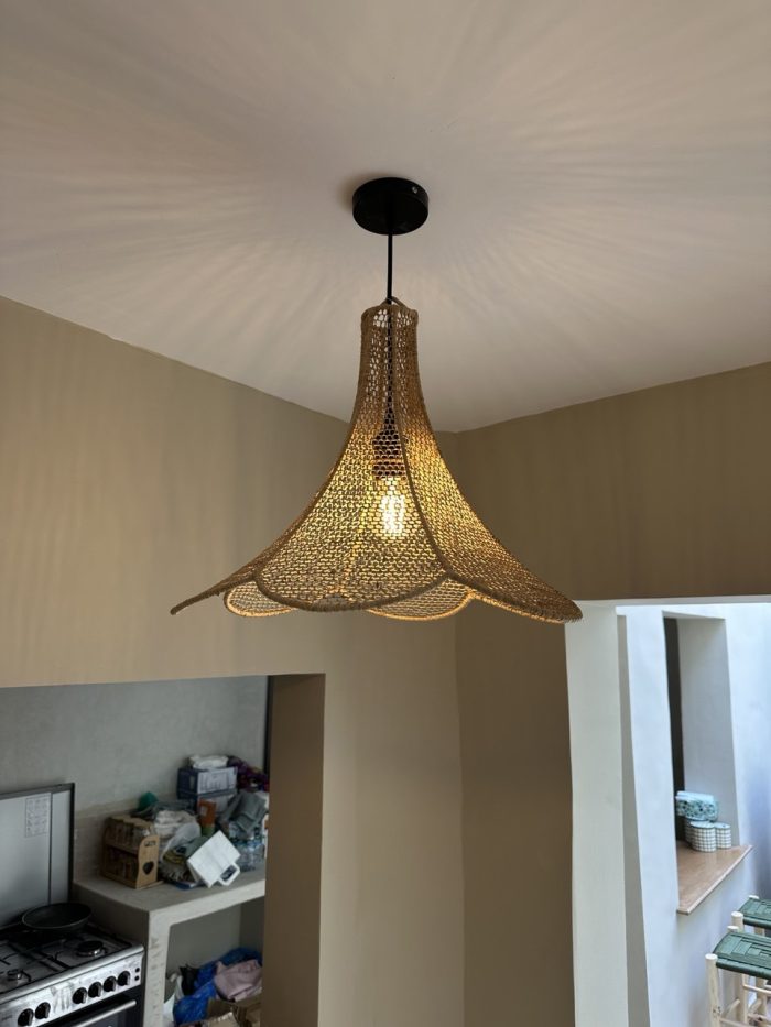 Handmade Moroccan raffia flower pendant light with six petal shape