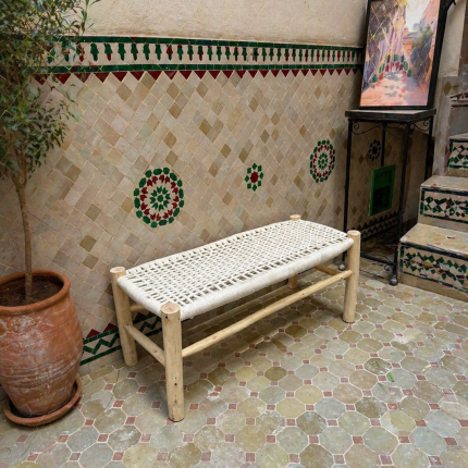 White Cord Bench Handmade Solid Wood Woven Moroccan Entryway Bench