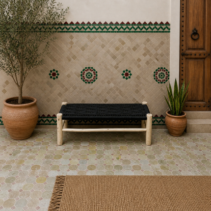 Black Cord Bench Handmade Solid Wood Woven Moroccan Entryway Bench