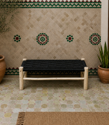 Black Cord Bench Handmade Solid Wood Woven Moroccan Entryway Bench
