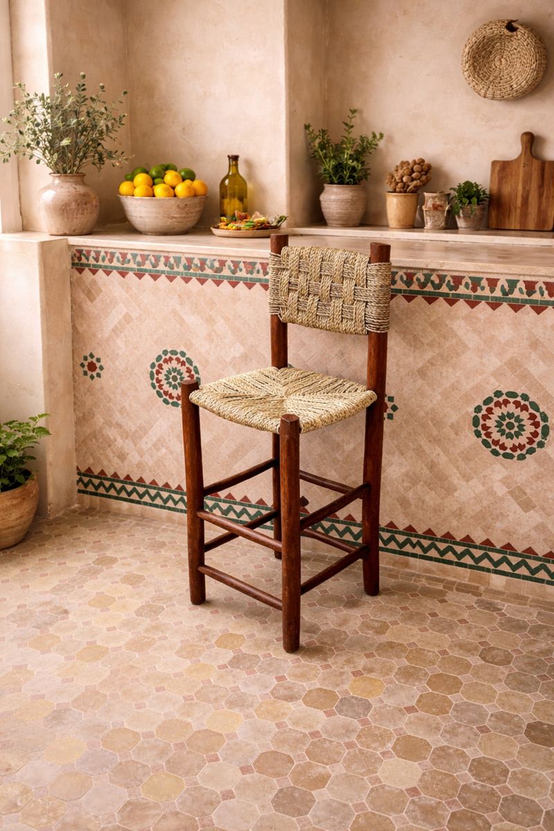 ChatGPT Image 11 janv. 2026, 21_54_56 Marokkaanse Barkruk met Palmblad Touw – Handgemaakt van Laurierhout - Afbeelding 1