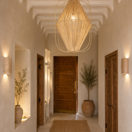 Diamond raffia pendant light with sculptural handwoven cage design