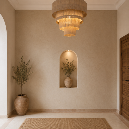 Cascading fringe chandelier with layered natural fiber drum shades