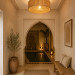 Moroccan raffia flush mount ceiling light with woven round drum shade