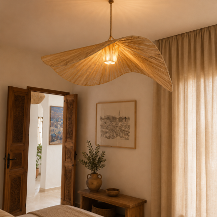 Wave raffia pendant light handmade in Morocco with sculptural woven shade