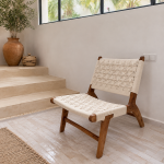 Witte Koord Geweven Loungestoel – Handgemaakt Walnotenhouten Frame