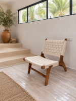 Witte Koord Geweven Loungestoel – Handgemaakt Walnotenhouten Frame