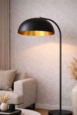 Moderne Zwart & Goud Boogvloerlamp – Minimalistische Koepelkap - Afbeelding 2