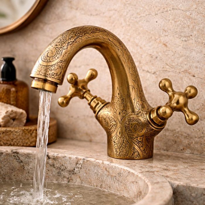 Gegraveerde Messing Badkamerkraan – Dubbele Kruishendels, Vintage Opbouwkraan - Afbeelding 2