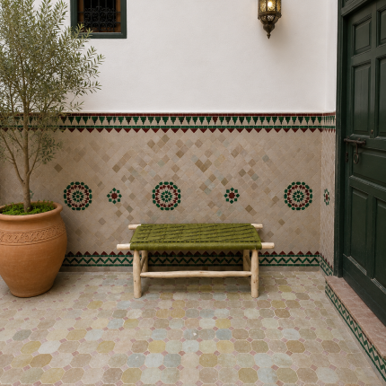 Green Cord Bench handcrafted from solid eucalyptus wood with a handwoven green cord seat