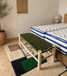 Green Rope Moroccan Bench handcrafted from solid eucalyptus wood with a handwoven green rope seat