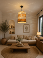 Tiered raffia pendant light with handwoven bell shaped shade