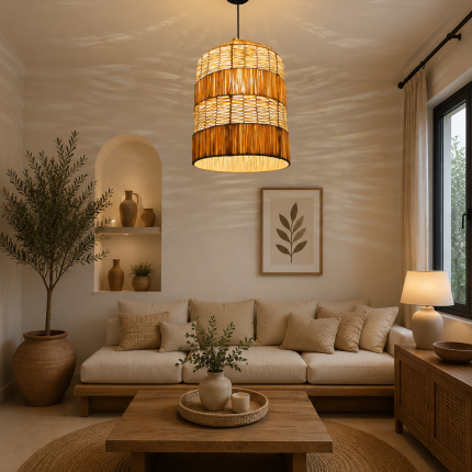 Tiered raffia pendant light with handwoven bell shaped shade