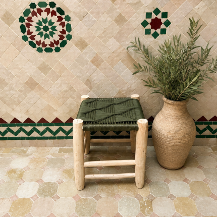 Small Green Cord Bench Handmade Solid Wood Woven Moroccan Entryway Bench