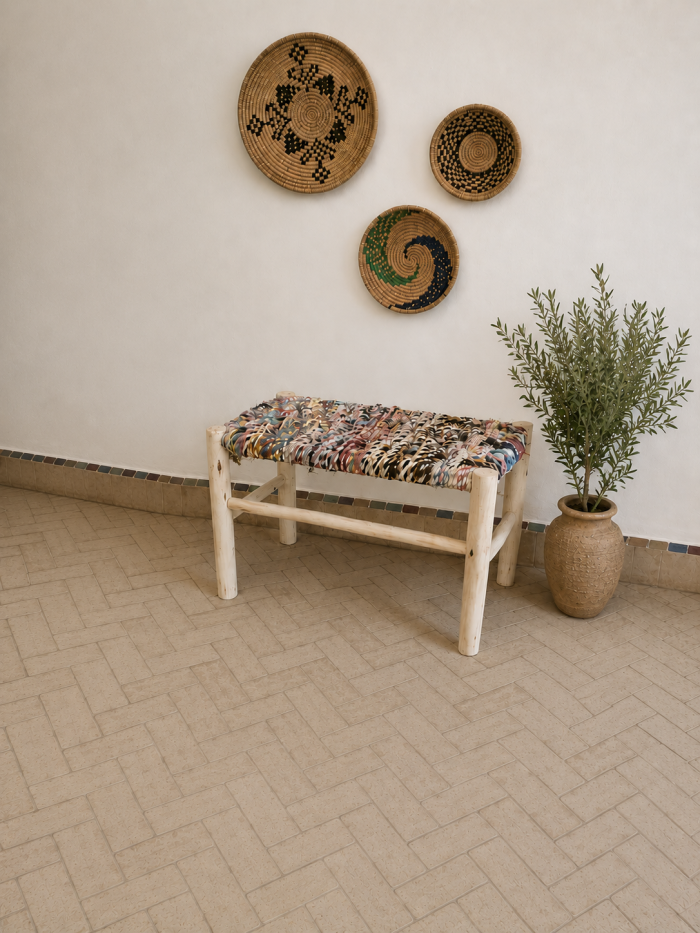 Boucherouite Bench handcrafted from solid wood with a colorful handwoven Moroccan seat
