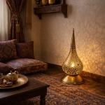 Marokkaanse Messing Vloerlampen – Paar Handgeperforeerde Druppelvormige Lantaarns voor Entree en Hal