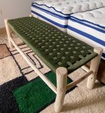 Green Rope Moroccan Bench handcrafted from solid eucalyptus wood with a handwoven green rope seat