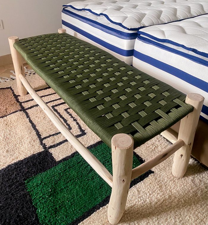 Green Rope Moroccan Bench handcrafted from solid eucalyptus wood with a handwoven green rope seat