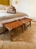 Set of 2 Small Walnut Leather Benches handcrafted from solid walnut wood with brown leather seats