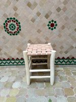 Small Natural Leather Wooden Stool handcrafted from solid wood with a genuine natural leather seat