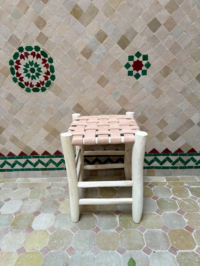 Small Natural Leather Wooden Stool handcrafted from solid wood with a genuine natural leather seat