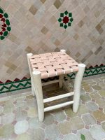 Small Natural Leather Wooden Stool handcrafted from solid wood with a genuine natural leather seat