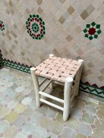 Small Natural Leather Wooden Stool handcrafted from solid wood with a genuine natural leather seat