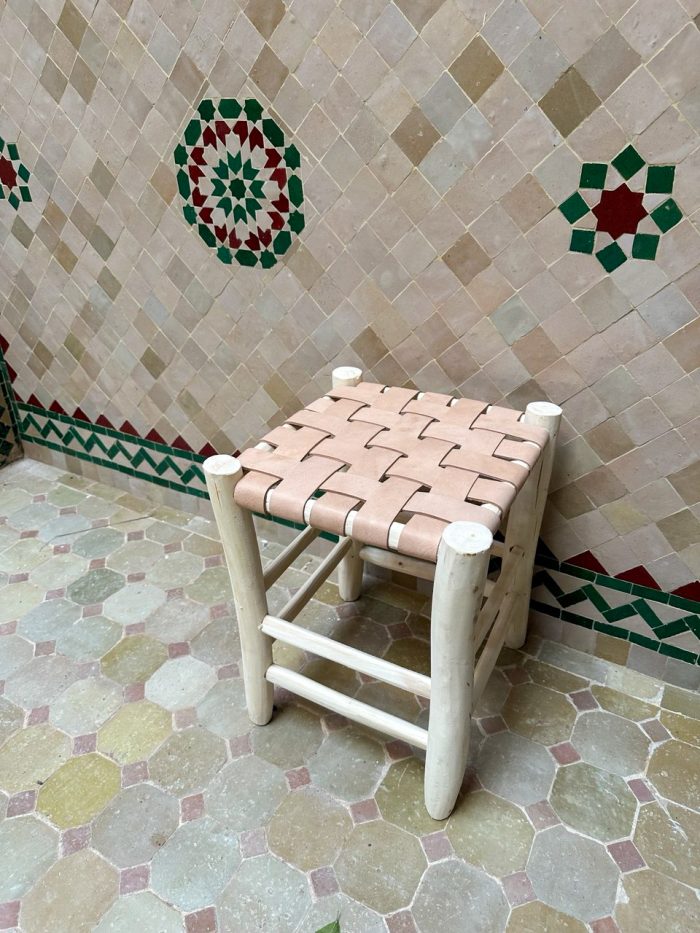 Small Natural Leather Wooden Stool handcrafted from solid wood with a genuine natural leather seat
