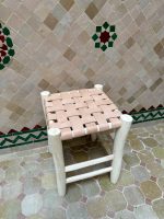 Small Natural Leather Wooden Stool handcrafted from solid wood with a genuine natural leather seat