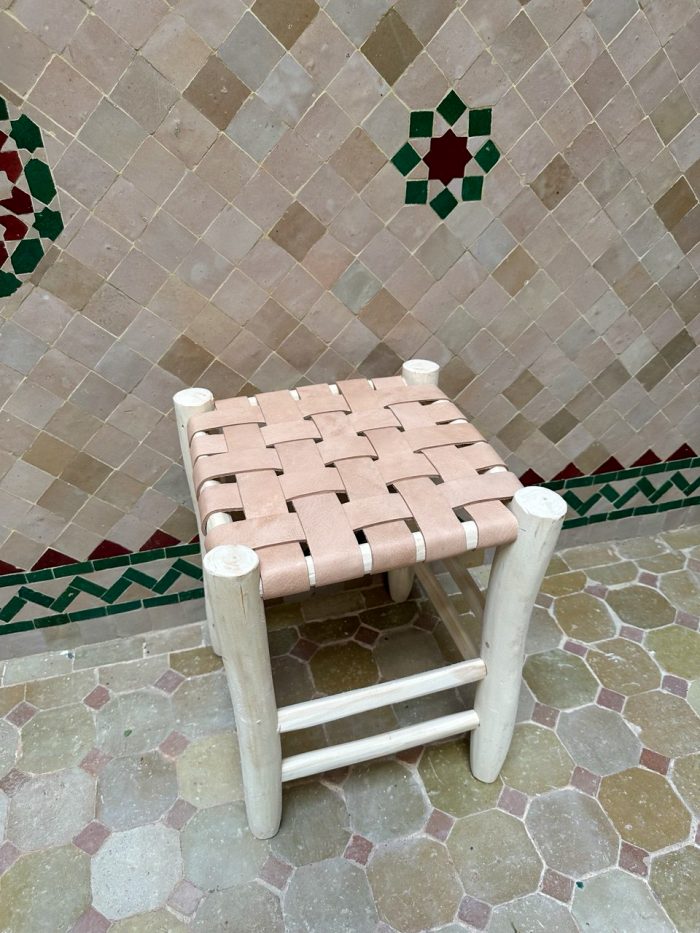Small Natural Leather Wooden Stool handcrafted from solid wood with a genuine natural leather seat