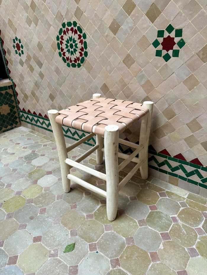 Small Natural Leather Wooden Stool handcrafted from solid wood with a genuine natural leather seat