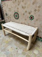 White Cord Bench Handmade Solid Wood Woven Moroccan Entryway Bench