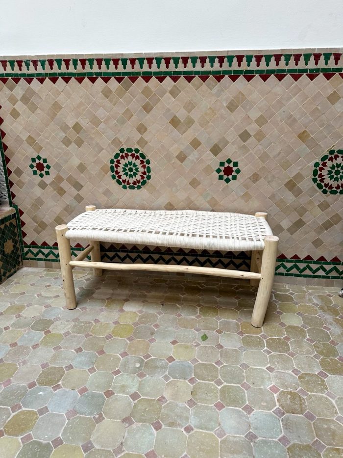 White Cord Bench Handmade Solid Wood Woven Moroccan Entryway Bench