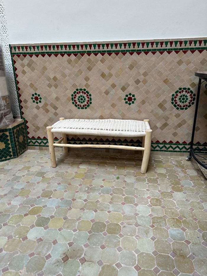 White Cord Bench Handmade Solid Wood Woven Moroccan Entryway Bench