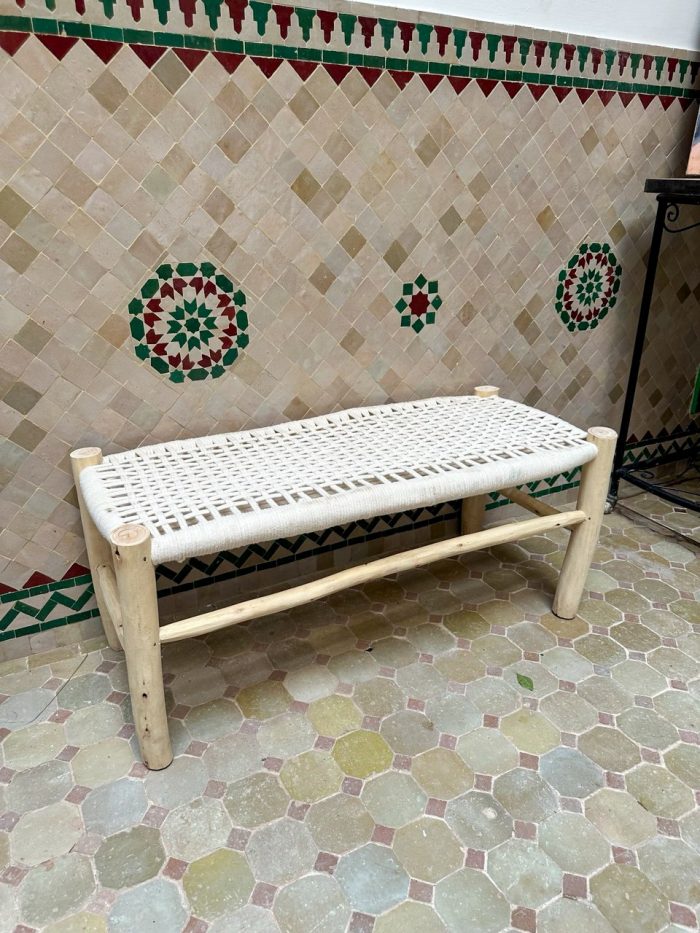 White Cord Bench Handmade Solid Wood Woven Moroccan Entryway Bench