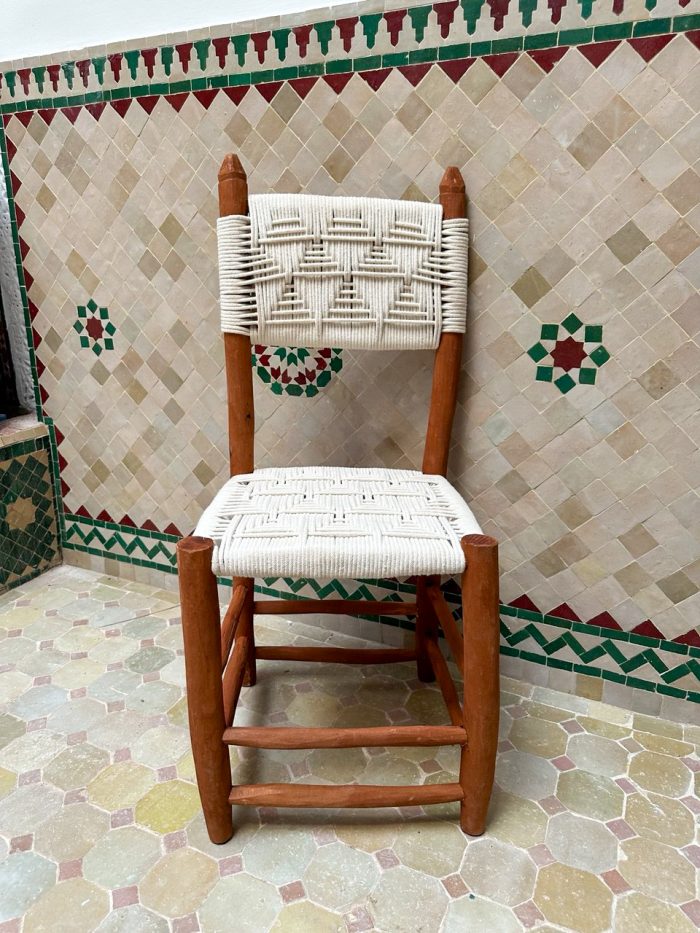White Rope Moroccan Chair handcrafted from solid wood with handwoven white rope seat