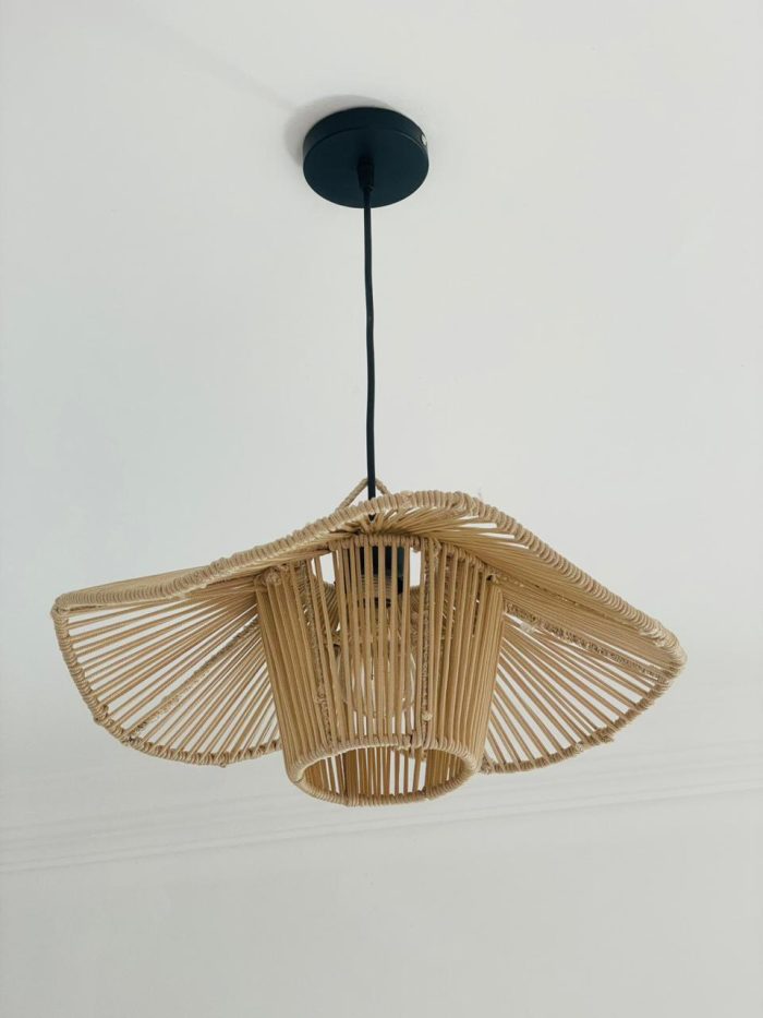 Sculptural raffia pendant light with open radial flared shade