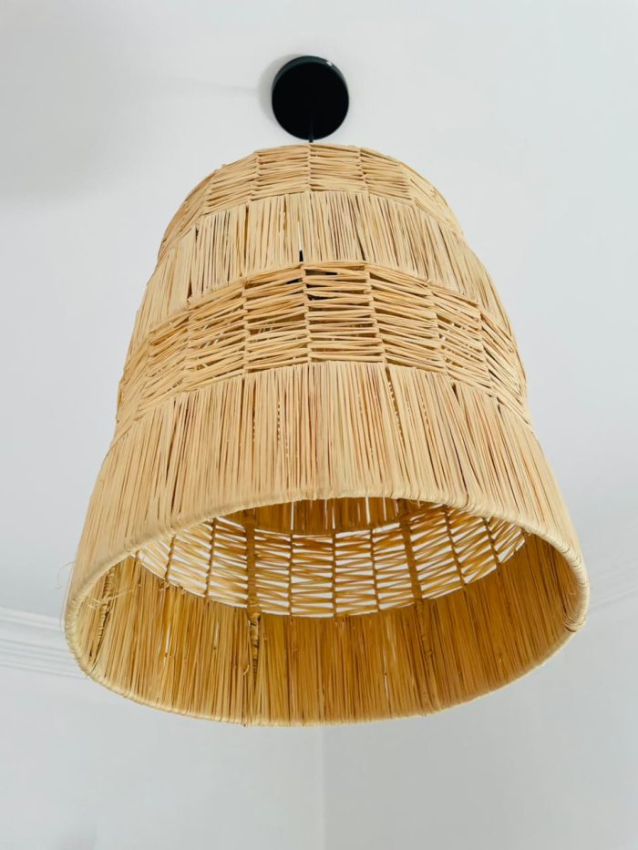 Tiered raffia pendant light with handwoven bell shaped shade