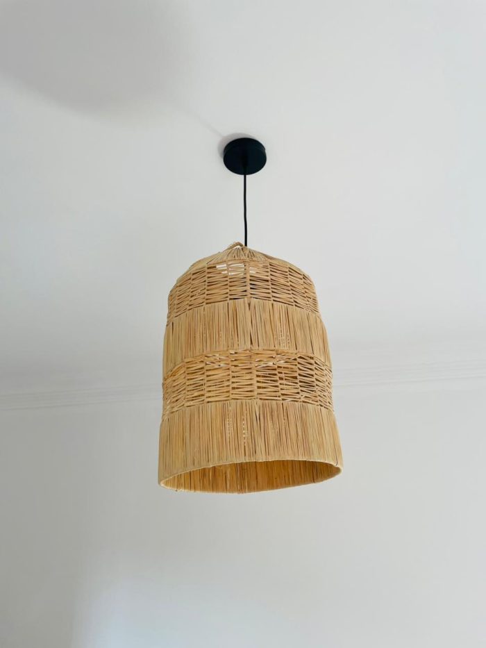 Tiered raffia pendant light with handwoven bell shaped shade