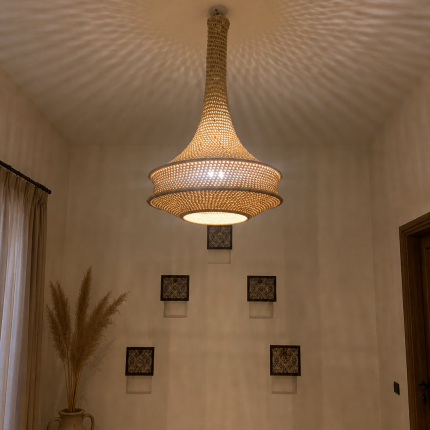 Handmade rope pendant light with long neck and tiered circular shape