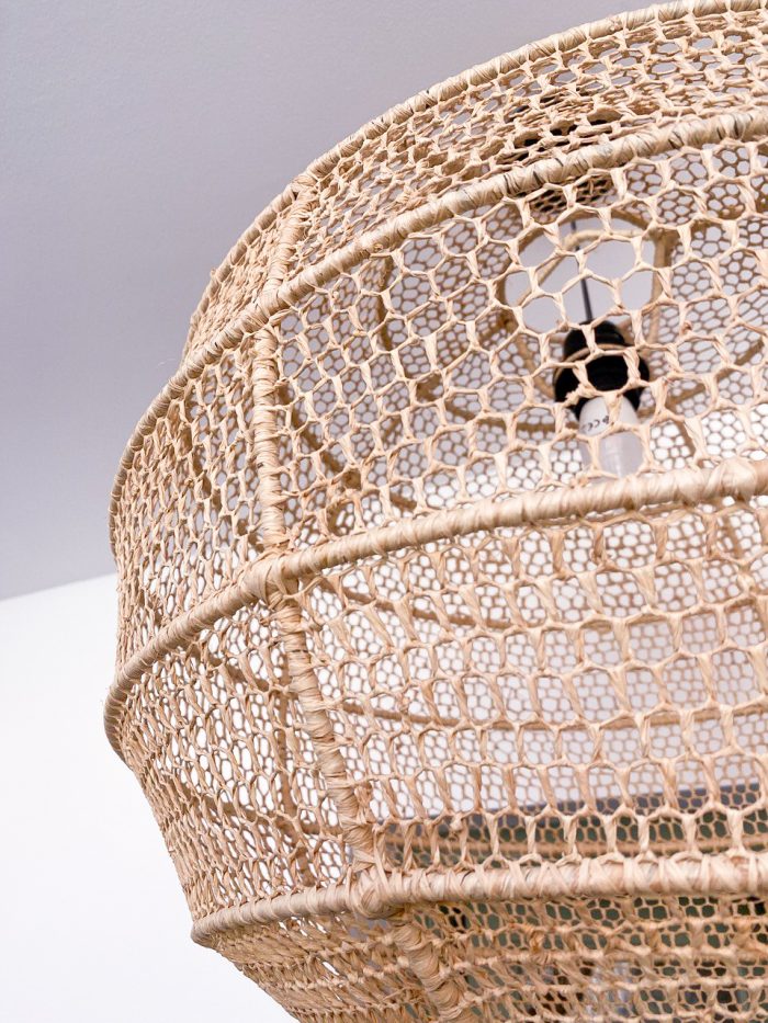 Handmade round raffia pendant light with woven globe basket shape
